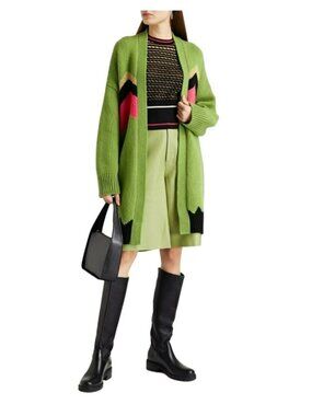 Missoni $795 Green Knit Geometric Long Length Cardigan Sweater Medium NWT